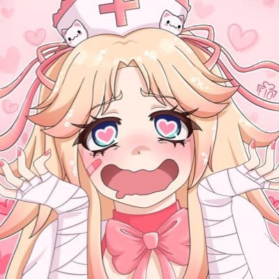 bow covered_arms excited eyes_excitement happy_face hat heart heart_eyes hearts_background long_sleeves neck_bun nurse_cap nurse_cosplay nurse_costume nurse_in_love pink_background pink_hearts red_bow sugar_cosplay sugar_sero sugar_vtuber vtuber_nurse