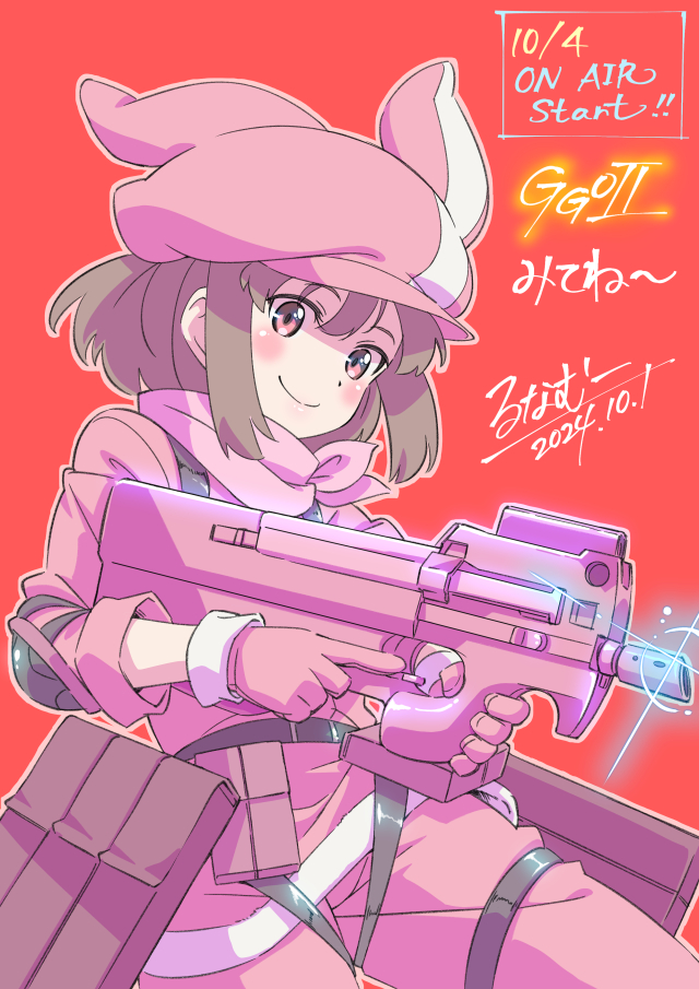 1girl blush brown_eyes brown_hair bullpup commentary_request cowboy_shot dated gun hat holding holding_gun holding_weapon jacket llenn_(sao) looking_at_viewer lunamoon p90 pants personal_defense_weapon pink_hat pink_jacket pink_pants red_background simple_background smile solo submachine_gun sword_art_online sword_art_online_alternative:_gun_gale_online translation_request weapon