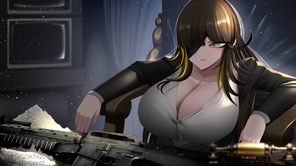 1girl antique_phone assault_rifle black_jacket breasts cleavage cocaine crt drugs eyepatch formal gdat girls&#039;_frontline grenade_launcher gun huge_breasts jacket long_hair m16 m16a1 m16a1_(girls&#039;_frontline) m203 multicolored_hair rifle scar scarface shirt solo streaked_hair suit television underbarrel_grenade_launcher weapon white_shirt