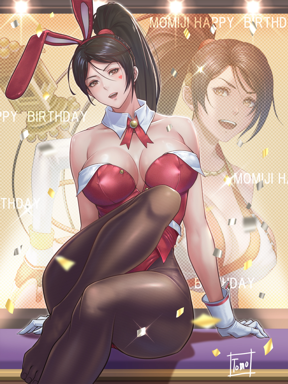 1girl animal_ears arm_support artist_logo bare_shoulders black_hair black_pantyhose breasts brown_eyes character_name commentary_request confetti dead_or_alive dead_or_alive_5 dead_or_alive_xtreme detached_collar facial_mark fake_animal_ears feet foot_out_of_frame glint gloves hair_between_eyes happy_birthday heart heart_facial_mark high_ponytail highres knee_up large_breasts legs leotard long_hair looking_at_viewer momiji_(ninja_gaiden) neck_ribbon ninja_gaiden no_shoes open_mouth pantyhose playboy_bunny projected_inset rabbit_ears red_leotard red_ribbon ribbon shadow sitting smile strapless strapless_leotard toes tomo_eokaiteru white_gloves