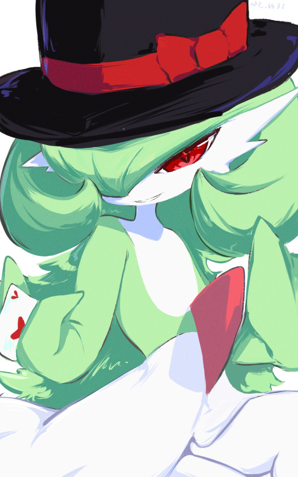 +_+ 1girl alternate_hair_length alternate_hairstyle artist_name between_fingers black_hat bow card clothed_pokemon colored_skin creatures_(company) female_focus flat_chest game_freak gardevoir gen_3_pokemon green_hair green_skin grin hair_over_one_eye happy hat hat_bow heart holding holding_card long_hair looking_at_viewer magician multicolored_skin my_(my_6633) nintendo one_eye_covered pokemon pokemon_(creature) red_bow red_eyes signature simple_background sitting smile solo teeth top_hat two-tone_skin white_background white_skin