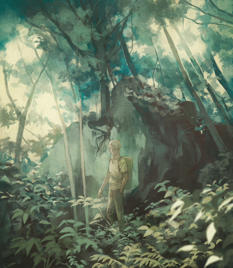 1boy backpack bag branch cigar cliff forest ginko_(mushishi) green_theme hise holding holding_cigar leaf mushishi nature pants scenery shirt short_hair signature standing tree white_hair white_shirt