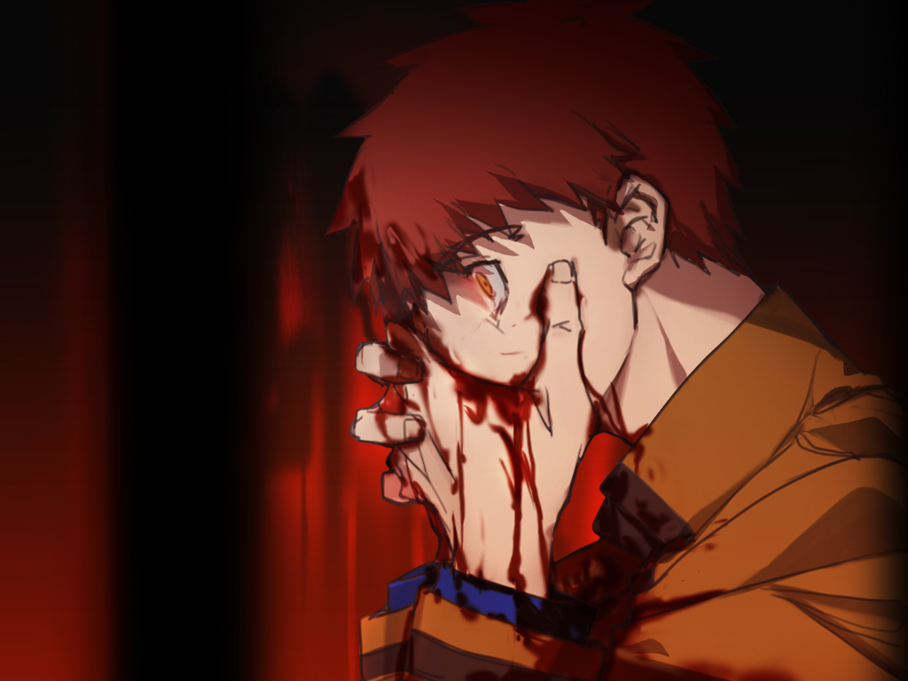 blood blood_from_mouth blood_on_clothes blood_on_face blood_on_hands dark_persona darkness emiya_shirou fate/stay_night fate_(series) homurabara_academy_school_uniform igote nosebleed orange_hair red_background red_hair school_uniform yellow_eyes