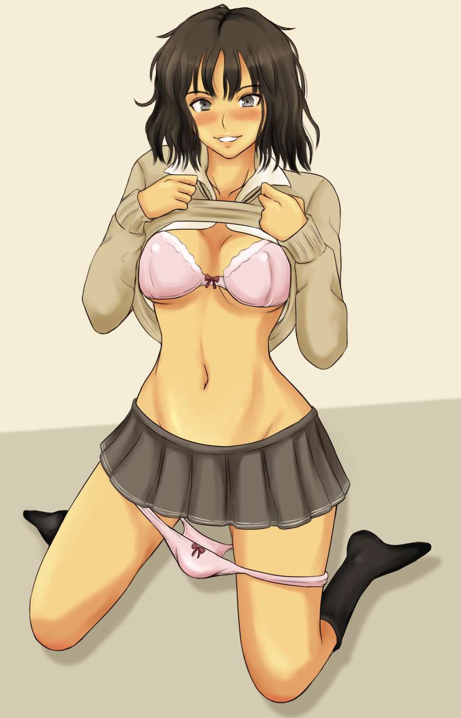 1girl amagami black_hair blush bra breasts female_focus full_body highres messy_hair momo_765 panties rirakukan school_uniform skirt smile socks solo tanamachi_kaoru underwear undressing