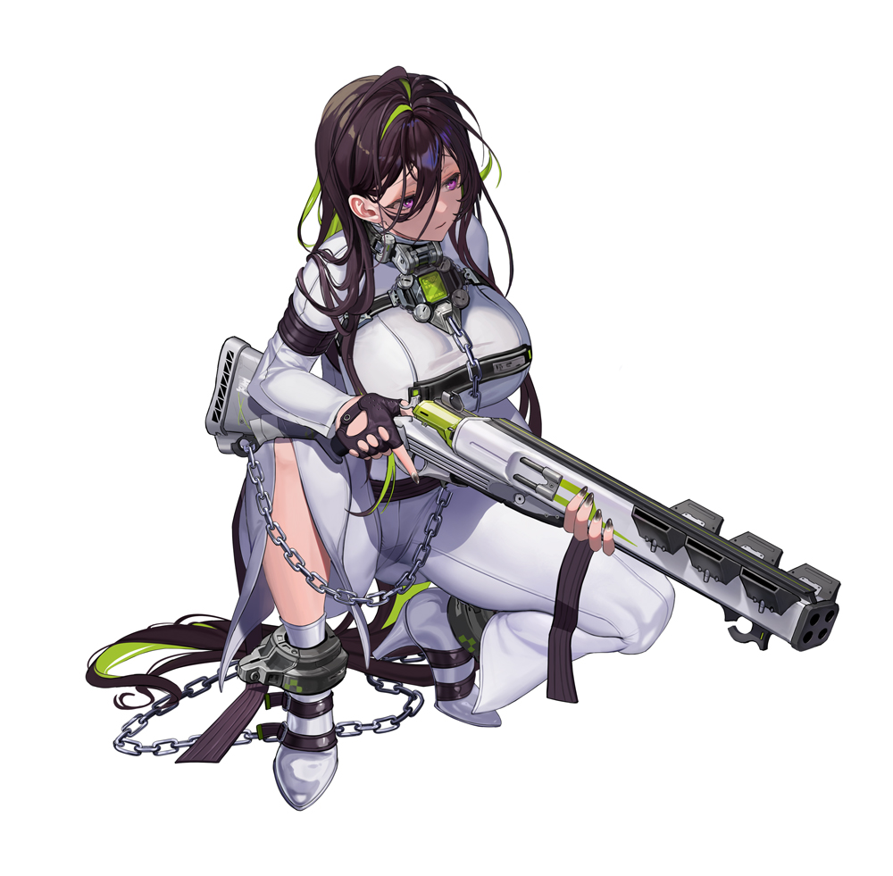 1girl black_gloves breasts brown_hair chain fingerless_gloves full_body gloves goddess_of_victory:_nikke green_hair guilty_(nikke) gun hair_behind_ear high_heels holding holding_gun holding_weapon huge_breasts long_hair mikan03_26 multicolored_hair multiple-barrel_gun nail_polish purple_eyes solo squatting streaked_hair very_long_hair weapon white_background