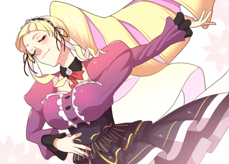 1girl blonde_hair blunt_bangs blush breasts closed_eyes deep_web_underground deep_web_underground dekapoi dress drill_hair hairband hand_on_own_hip lolita_hairband long_hair ponytail purple_hair smile solo virtual_youtuber