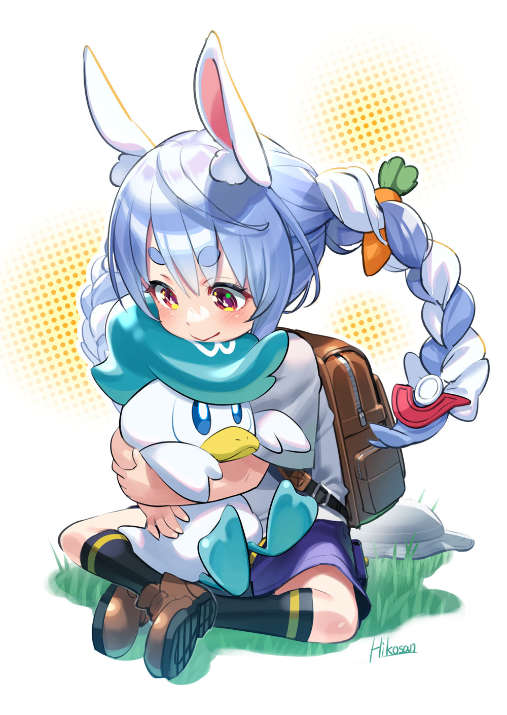 animal_ears black_socks blue_hair blue_shorts creatures_(company) game_freak highres hikosan hololive long_hair multicolored_hair nintendo orange_eyes pokemon pokemon_(creature) pokemon_sv quaxly rabbit-shaped_pupils rabbit_ears shirt shorts socks symbol-shaped_pupils t-shirt thick_eyebrows two-tone_hair usada_pekora virtual_youtuber white_hair white_shirt