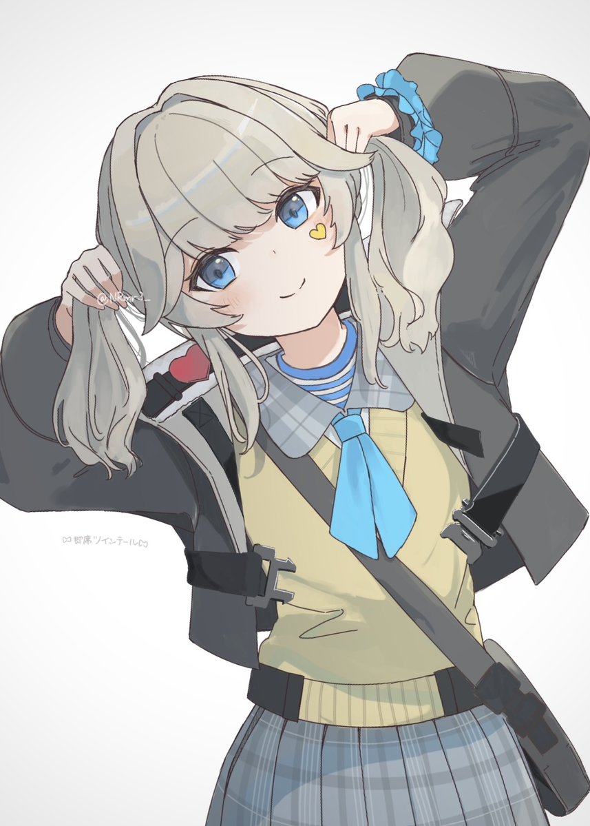 1girl blonde_hair blue_eyes blue_neckerchief buckle bunching_hair commentary commentary_request girls&#039;_frontline girls&#039;_frontline_2:_exilium head_tilt heart_sticker jacket neckerchief nrmr3 plaid_clothes plaid_skirt simple_background skirt smile solo striped_clothes sweater_vest twintails twitter_username vepley_(girls&#039;_frontline_2) white_background yellow_sweater_vest