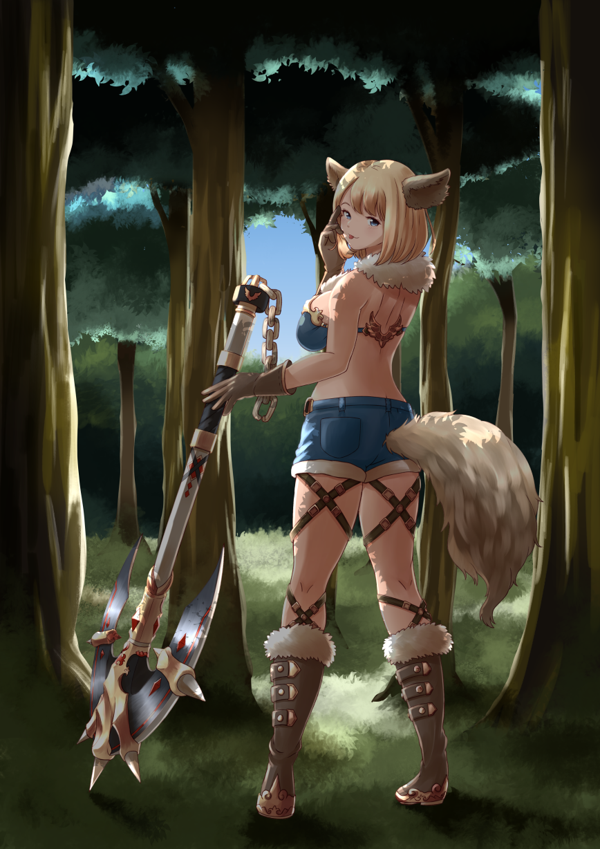 1girl animal_ears back bad_id bad_pixiv_id bare_shoulders blonde_hair blue_eyes blush boots breasts brown_footwear closed_mouth denim denim_shorts female_focus full_body haido_(ryuuno_kanzume) highres holding holding_weapon knee_boots large_breasts looking_at_viewer looking_back original short_hair shorts sideboob smile solo standing tongue tongue_out tree weapon