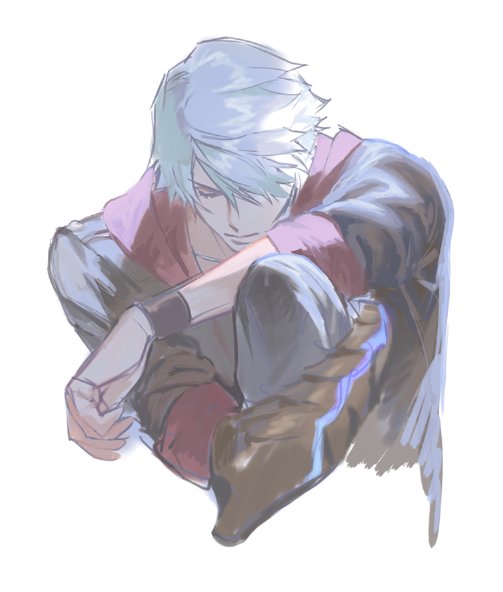 1boy arm_around_leg arm_on_knee blue_jacket blue_pants closed_eyes closed_mouth commentary_request cropped_torso denim devil_bringer devil_may_cry devil_may_cry_(series) devil_may_cry_4 hair_over_one_eye hood hood_down hooded_jacket jacket jeans knee_up male_focus multicolored_clothes multicolored_jacket nero_(devil_may_cry) nobou_(32306136) one_eye_covered pants red_hood simple_background solo white_background white_hair wristband