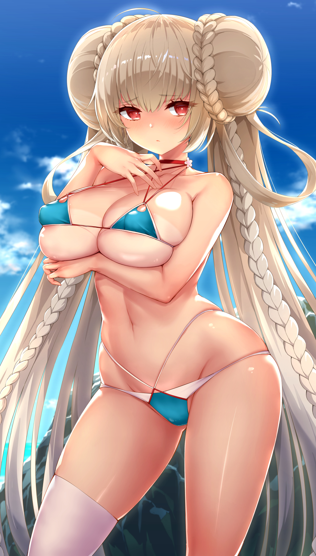 1girl areola_slip arm_under_breasts azur_lane bikini blue_bikini blush braid breasts brown_hair cleavage collarbone commentary_request covered_erect_nipples double_bun formidable_(azur_lane) formidable_(the_lady_of_the_beach)_(azur_lane) hair_bun highres large_breasts long_hair looking_at_viewer micro_bikini navel official_alternate_costume outdoors parted_lips red_eyes resolution_mismatch revision sideboob sigma_rio single_thighhigh skindentation sky solo source_smaller standing swimsuit thighhighs thighs underboob very_long_hair white_thighhighs