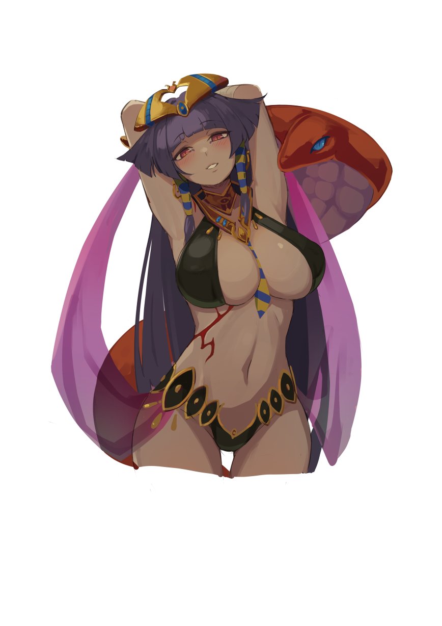 arms_up bell_orgel blue_eyes blush body_markings breasts bursting_breasts cleavage cobra_(animal) crown dark-skinned_female dark_skin gold happy highres jewelry long_hair looking_at_viewer medium_breasts monster_girl monster_girl_encyclopedia monster_girl_encyclopedia_ii mummy necklace pharaoh_(monster_girl_encyclopedia) purple_hair red_eyes revealing_clothes sagging_breasts simple_background slit_pupils smile snake tattoo undead unfinished white_background