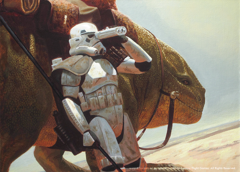 1boy armor binoculars day desert dewback english_text helmet holding holding_binoculars holding_staff jakemurray lizard oil_painting_(medium) outdoors painting_(medium) sand staff star_wars stormtrooper traditional_media white_armor