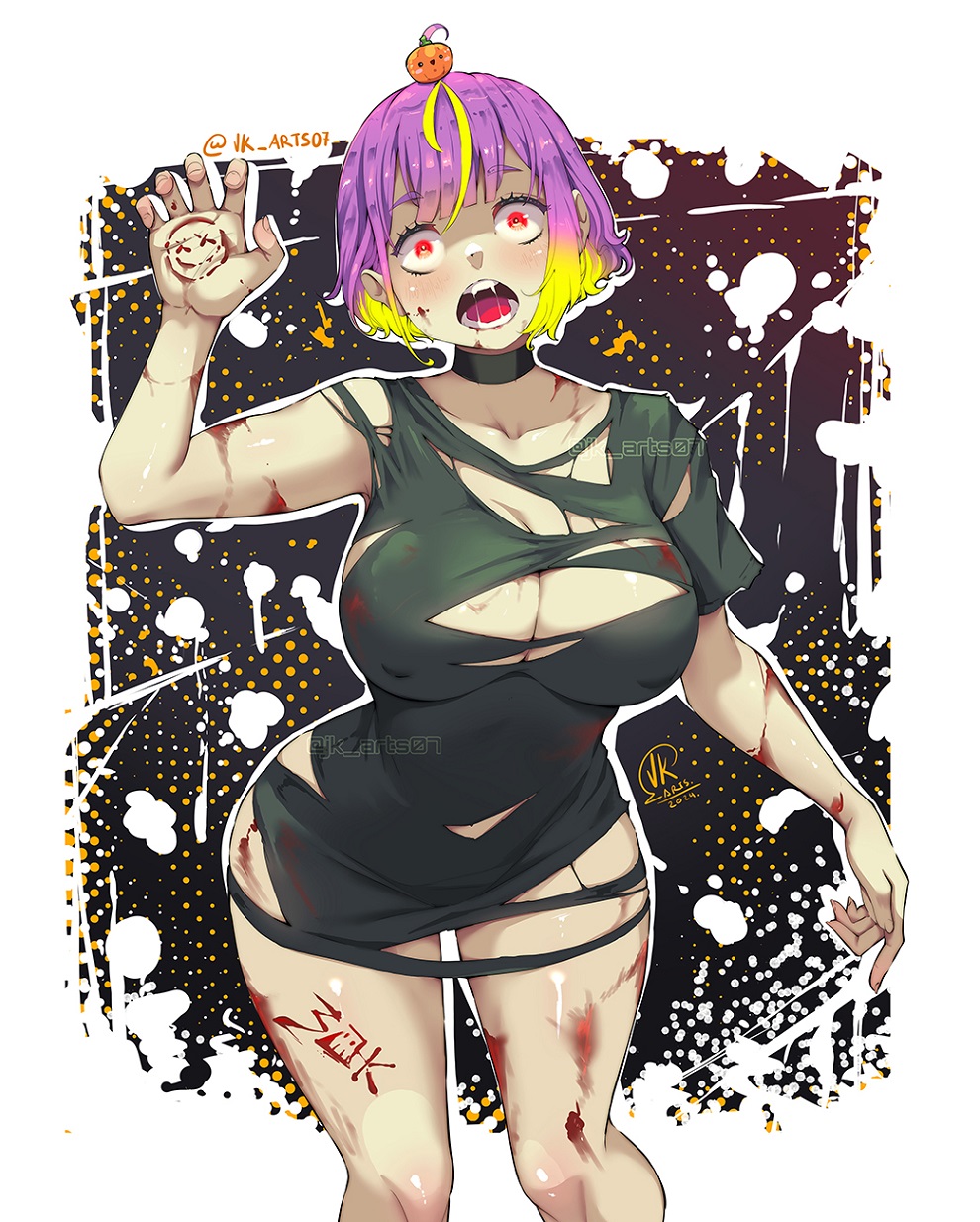 1girl blonde_hair blood breasts cleavage collar collarbone dress gradient_hair halloween highres jack-o&#039;-lantern jk_arts large_breasts multicolored_hair open_mouth original pink_hair red_eyes short_hair signature smile solo teeth torn_clothes two-tone_hair zombie