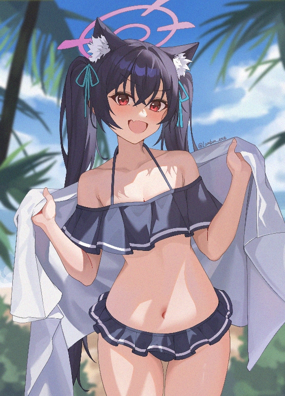 animal_ear_fluff animal_ears artist_name bikini bikini_skirt black_bikini black_hair blue_archive blurry blurry_background cat_ears collarbone cowboy_shot extra_ears fang frilled_bikini frills halo holding holding_towel looking_at_viewer lun22333 navel off-shoulder_bikini off_shoulder official_alternate_costume pink_halo red_eyes serika_(blue_archive) serika_(swimsuit)_(blue_archive) skin_fang smile swimsuit towel tree twintails