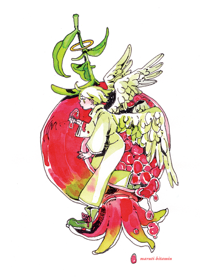 1boy androgynous angel angel_wings artist_name boots complimentary_colors eating feathered_wings feathers food fruit green_eyes green_feathers green_footwear green_light green_pants green_shirt halo high_collar holding holding_food ink_(medium) juice leaf long_sleeves male_focus maruti_bitamin mini_person miniboy multiple_wings non-web_source original painting_(medium) pants pomegranate profile seed shirt solo traditional_media watercolor_(medium) white_background white_feathers white_hair white_sleeves white_wings wings yellow_halo