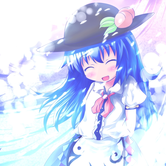 1girl arms_behind_back blue_hair blush blush_stickers closed_eyes female_focus happy hat hinanawi_tenshi long_hair solo standing touhou yuya_(minus-k)