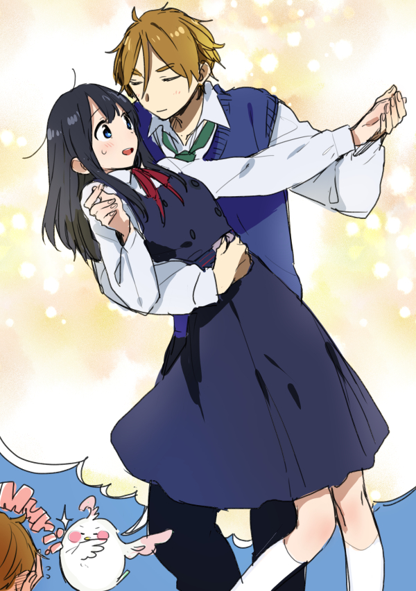 10s 1boy 1girl bird black_hair brown_hair couple dancing dera_mochimazzui closed_eyes hair_down hetero imagining kitashirakawa_tamako long_hair momose_(oqo) ooji_mochizou romaji_text school_uniform short_hair tamako_market