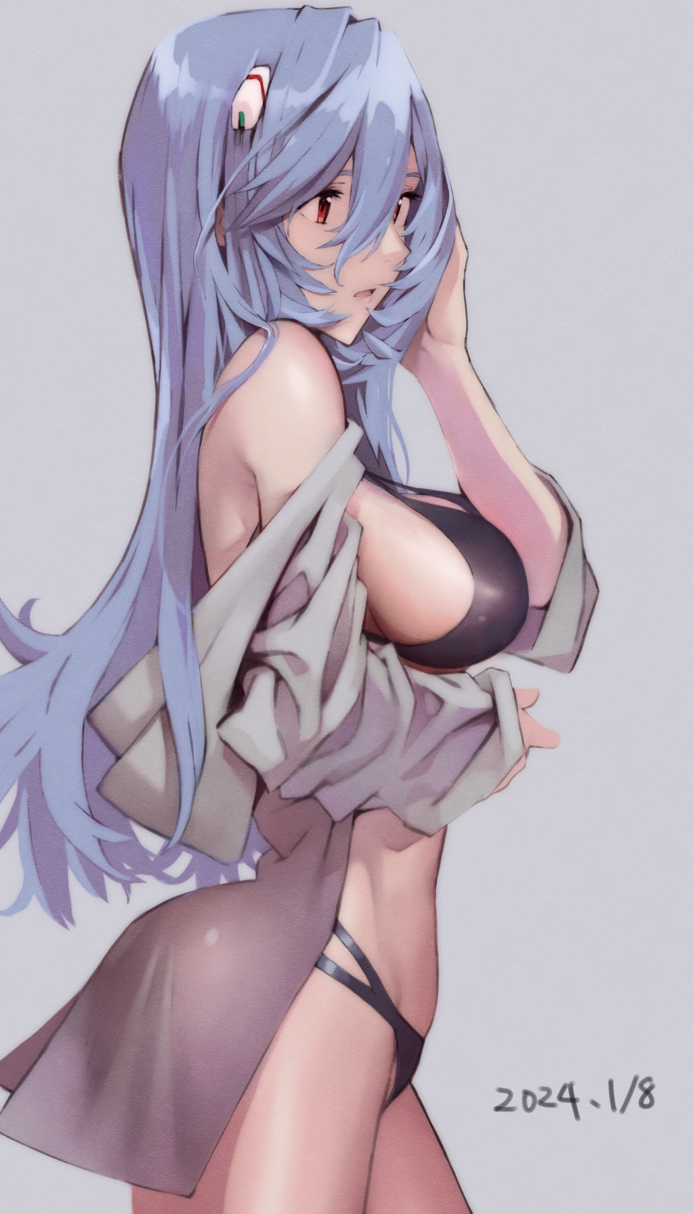 1girl 2024 ayanami_rei bikini black_bikini blue_hair breasts cowboy_shot dated eyebrows_hidden_by_hair from_side grey_background grey_shirt hair_between_eyes headgear highres large_breasts long_hair neon_genesis_evangelion official_alternate_hair_length official_alternate_hairstyle open_clothes open_mouth open_shirt red_eyes shirt sideboob simple_background solo standing straight_hair strap_gap swimsuit very_long_hair yagisawa_teru