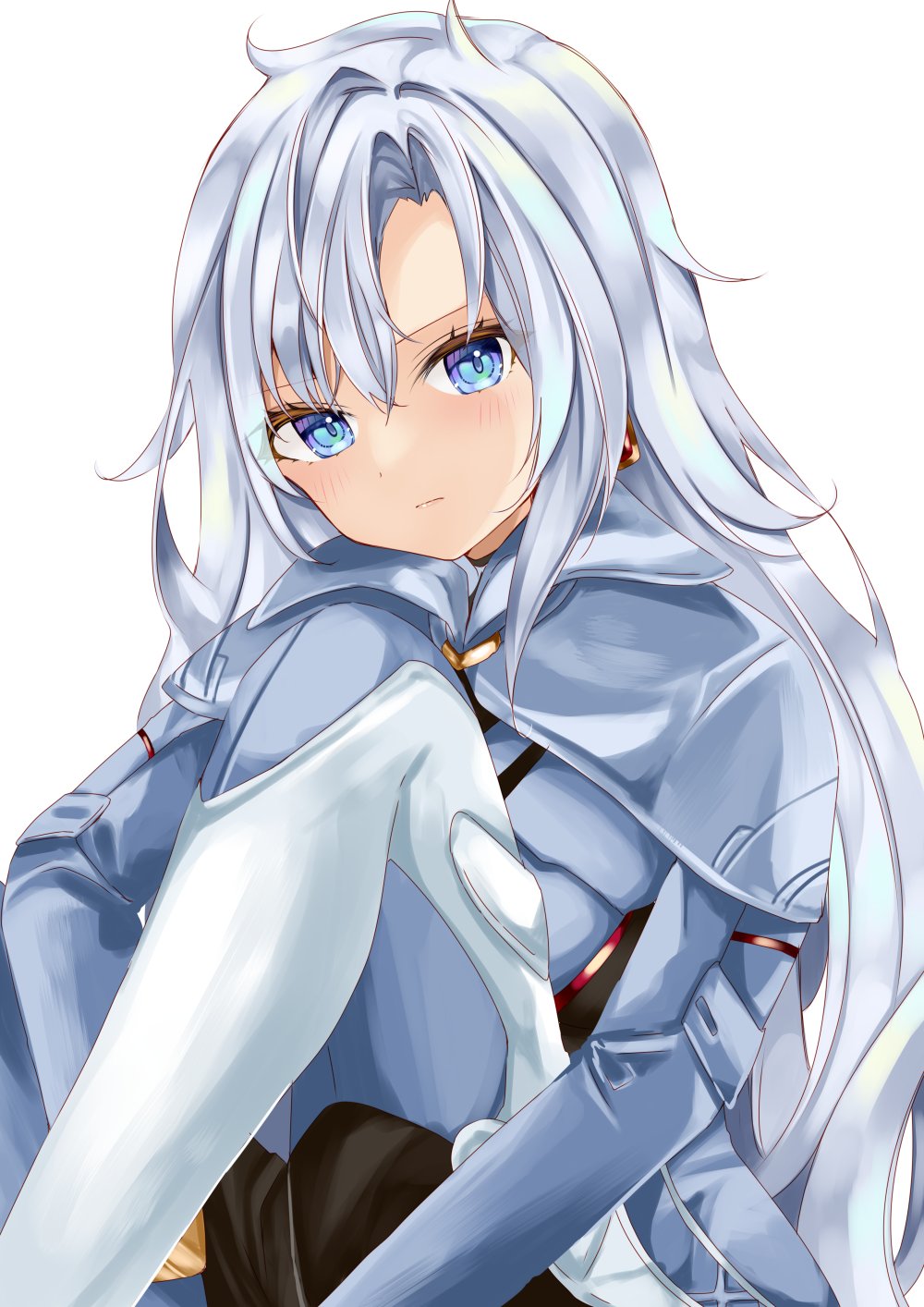 1girl a_(xenoblade) armored_bodysuit asymmetrical_bangs blue_eyes blue_pupils closed_mouth grey_hair highres light_blush long_hair looking_at_viewer nanase_nao parted_bangs simple_background sitting solo white_background xenoblade_chronicles_(series) xenoblade_chronicles_3 xenoblade_chronicles_3:_future_redeemed