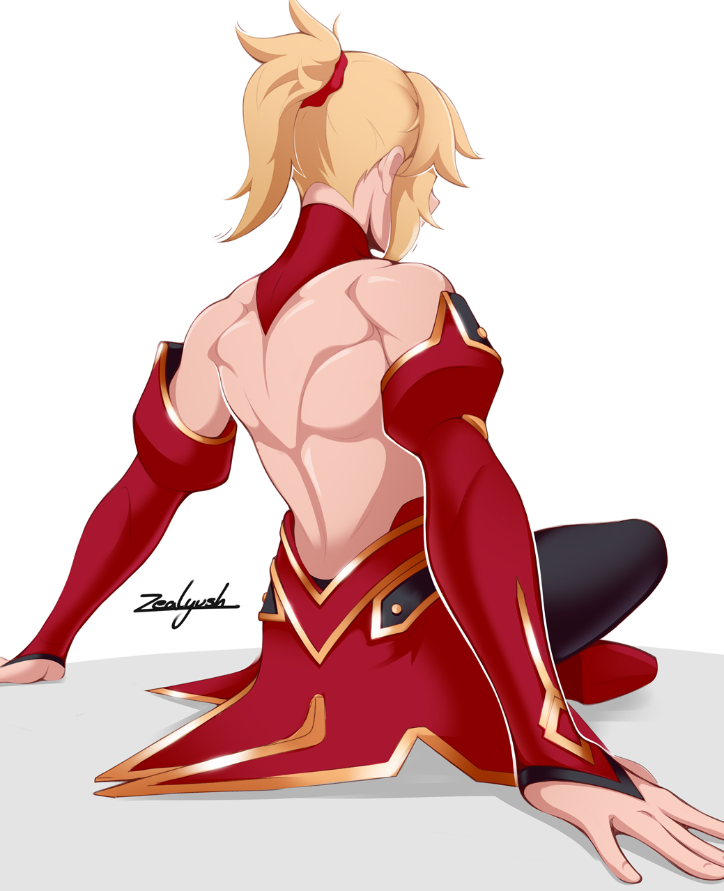 1girl arm_support back back_focus blonde_hair commentary detached_sleeves english_commentary fate/apocrypha fate_(series) highres mordred_(fate) muscular muscular_female ponytail signature simple_background sitting solo watermark white_background zealyush