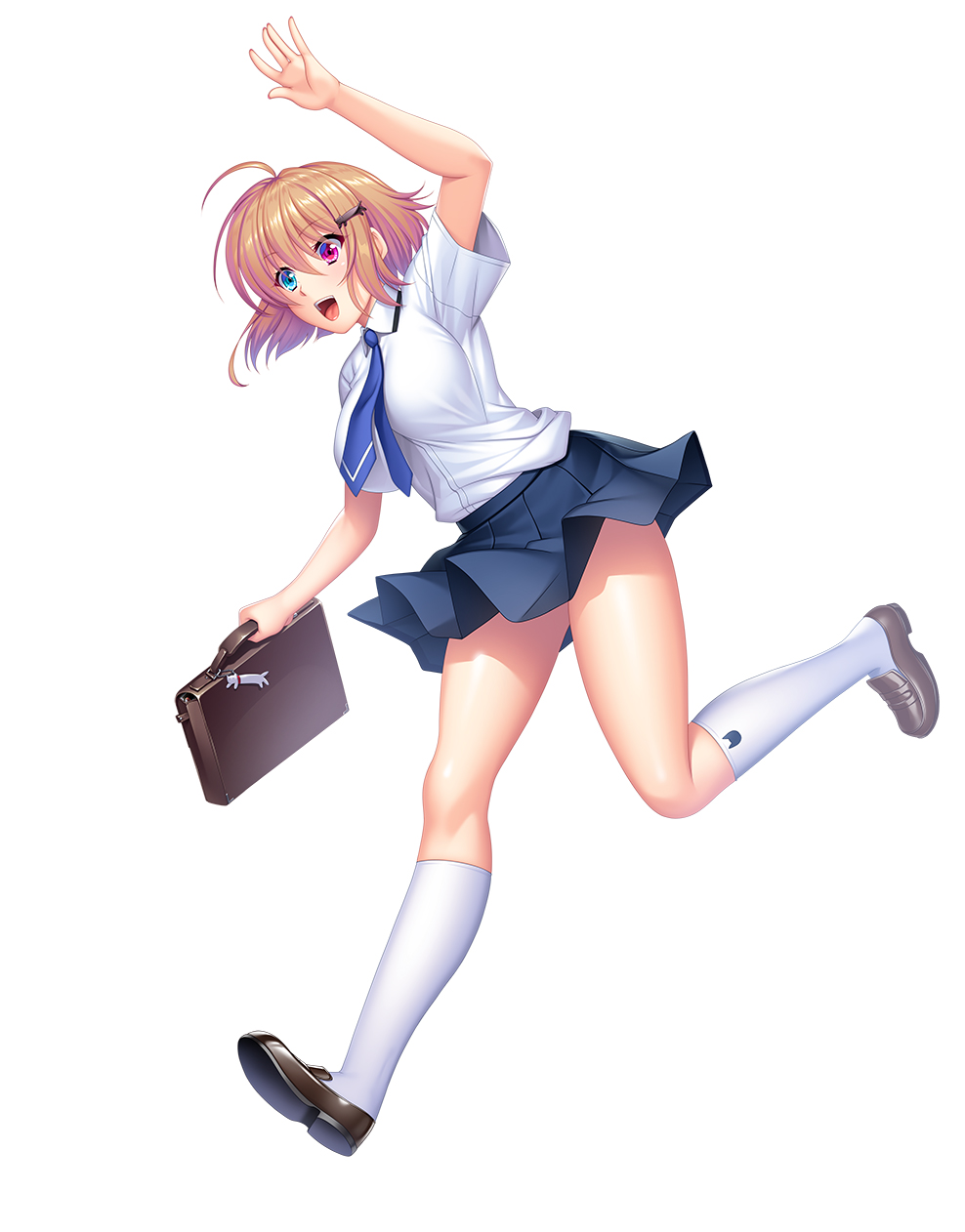 1girl aikawa_arisa aqua_eyes bag bare_legs blonde_hair blue_eyes breasts full_body fuuma_mawari gloves hair_ornament hairclip heterochromia high_heels highres jumping large_breasts lilith-soft looking_to_the_side open_mouth red_eyes running salute school_bag school_uniform shiny_skin short_hair simple_background smile solo taimanin_(series) taimanin_rpgx white_background