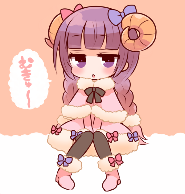 1girl alternate_costume bad_id bad_pixiv_id bow braid female_focus hair_bow hair_ribbon horns long_hair looking_at_viewer meopun_(meopen429) mukyuu patchouli_knowledge purple_eyes purple_hair ribbon sheep_horns sitting solo touhou translation_request twin_braids v_arms