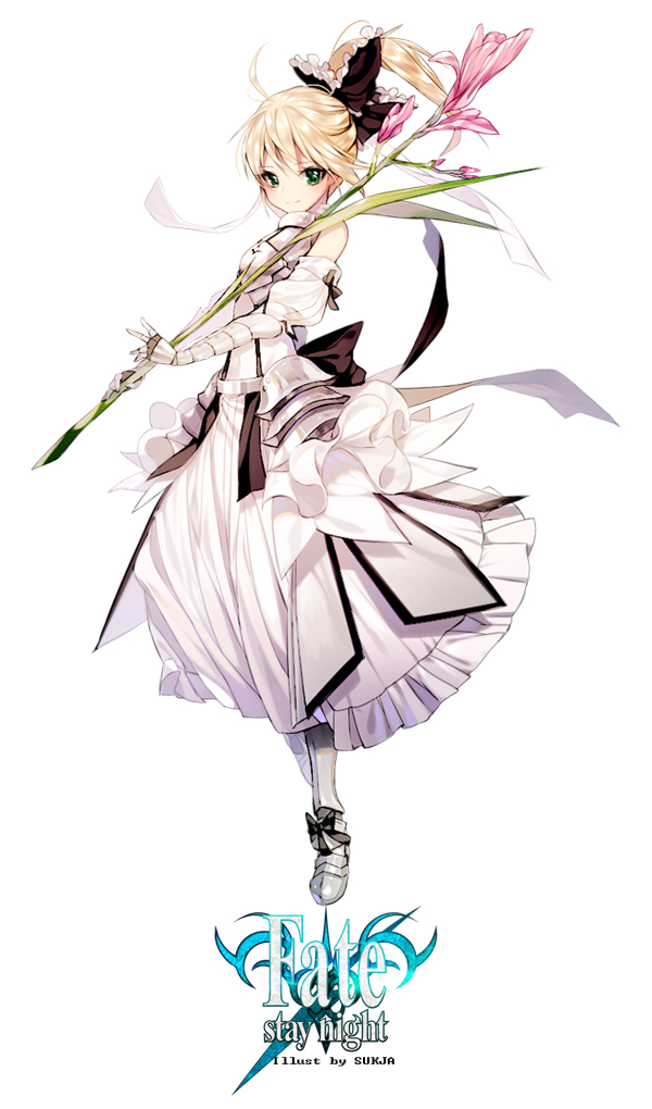 1girl armor artoria_pendragon_(all) artoria_pendragon_(fate) dress fate/stay_night fate/unlimited_codes fate_(series) female_focus flower full_body gloves green_eyes long_hair oversized_flower pink_flower ponytail saber_(fate) saber_lily smile solo standing sukja text_focus white_background