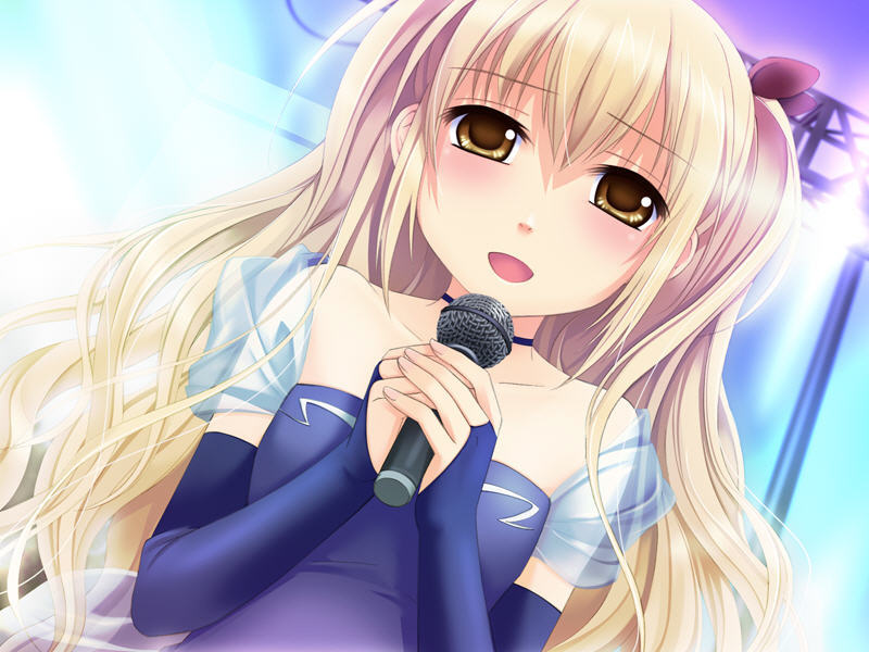 1girl bare_shoulders dress female_focus game_cg ginta microphone music saotome_tsukasa singing solo sugar_+_spice yellow_eyes