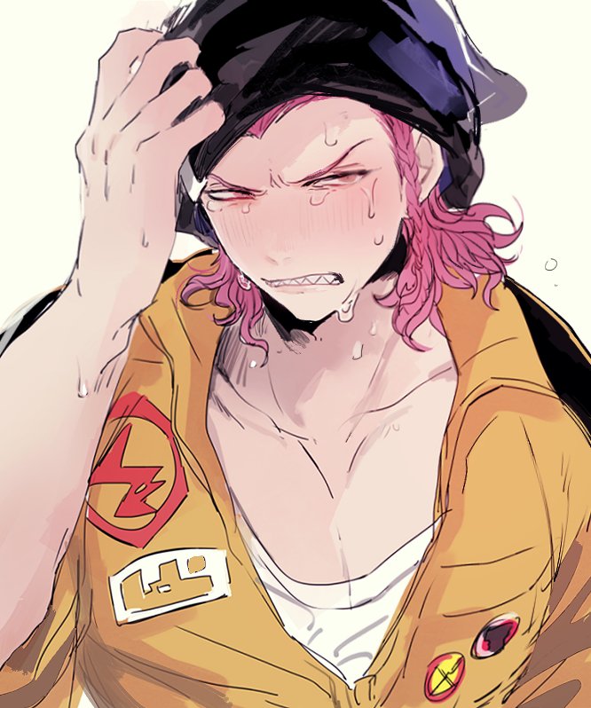 1boy adjusting_clothes adjusting_headwear arm_up badge braid button_badge collarbone collared_jumpsuit crying crying_with_eyes_open danganronpa_(series) danganronpa_2:_goodbye_despair hair_behind_ear joonoyuki jumpsuit male_focus medium_hair partially_unzipped pink_eyes pink_hair shirt side_braid simple_background single_braid soda_kazuichi solo sweat sweatdrop tears white_background white_shirt yellow_jumpsuit