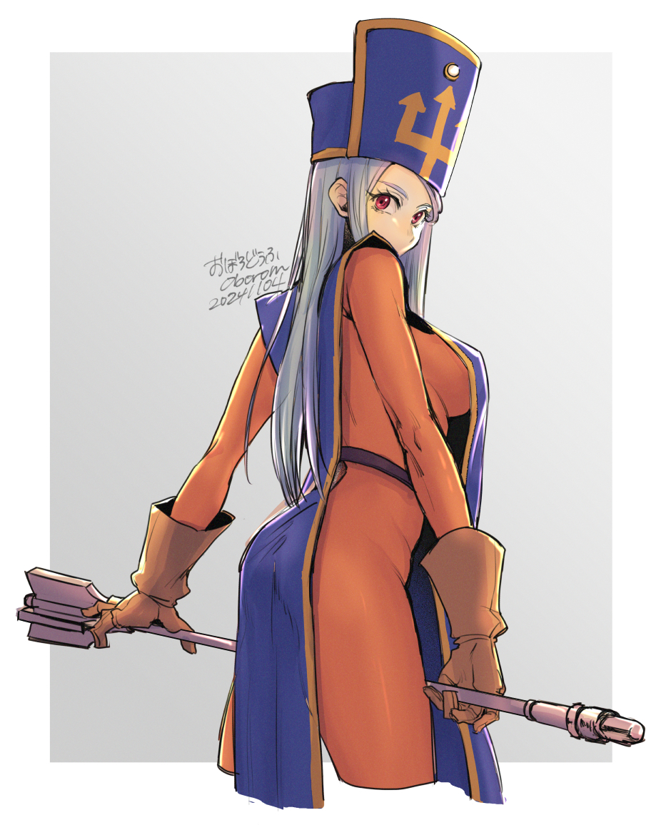 1girl 2024 blue_hair blue_tabard bodysuit border breasts commentary_request cowboy_shot dated dragon_quest dragon_quest_iii from_behind gloves hat holding holding_mace holding_weapon large_breasts long_hair looking_at_viewer looking_back mace mitre oboro_m orange_bodysuit partial_commentary priest_(dq3) red_eyes solo tabard weapon white_border yellow_gloves