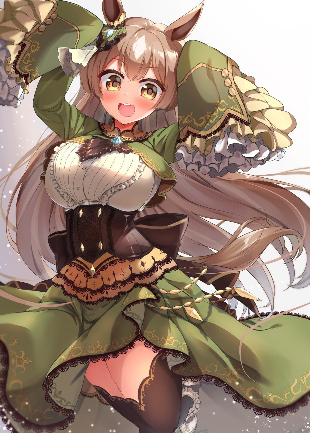 1girl :d alternate_breast_size animal_ears black_thighhighs blush breasts brown_hair commentary cowboy_shot dress ear_ornament frilled_sleeves frills gold_trim green_dress hair_between_eyes highres horse_ears horse_girl horse_tail large_breasts long_sleeves looking_at_viewer mikage_(shibi) official_alternate_costume open_mouth puffy_long_sleeves puffy_sleeves satono_diamond_(umamusume) sleeves_past_wrists smile solo sparkle standing standing_on_one_leg tail teeth thighhighs umamusume upper_teeth_only wide_sleeves yellow_eyes