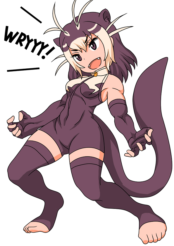 1girl :d animal_ears antenna_hair bad_id bad_pixiv_id bagua_zhang bare_shoulders breasts brown_eyes brown_gloves brown_hair brown_one-piece_swimsuit brown_tail brown_thighhighs commentary_request elbow_gloves extra_ears fangs feet fingerless_gloves front_zipper_swimsuit full_body giant_otter_(kemono_friends) gloves hair_between_eyes jojo_no_kimyou_na_bouken jojo_pose kemono_friends medium_breasts medium_hair meme_attire multicolored_hair one-piece_swimsuit open_mouth otter_ears otter_girl otter_tail simple_background smile solo standing swimsuit tail thighhighs toeless_legwear toes toned_female turtleneck turtleneck_one-piece_swimsuit two-tone_hair two-tone_one-piece_swimsuit two-tone_swimsuit v-shaped_eyebrows white_background white_hair white_one-piece_swimsuit wryyyyyyyyyyyyyyyyyyyy