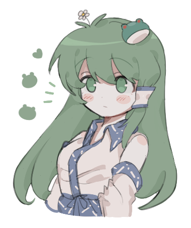 1girl :/ antenna_hair bare_shoulders blush_stickers breasts closed_mouth collared_shirt detached_sleeves dot_nose double-parted_bangs flower flower_on_head frog_hair_ornament green_eyes green_hair hair_ornament hair_tubes hakama heart japanese_clothes kochiya_sanae long_hair lowres medium_breasts patterned_clothing rbfnrbf_(mandarin) shirt simple_background single_hair_tube single_sidelock solo touhou upper_body white_background wide_sleeves