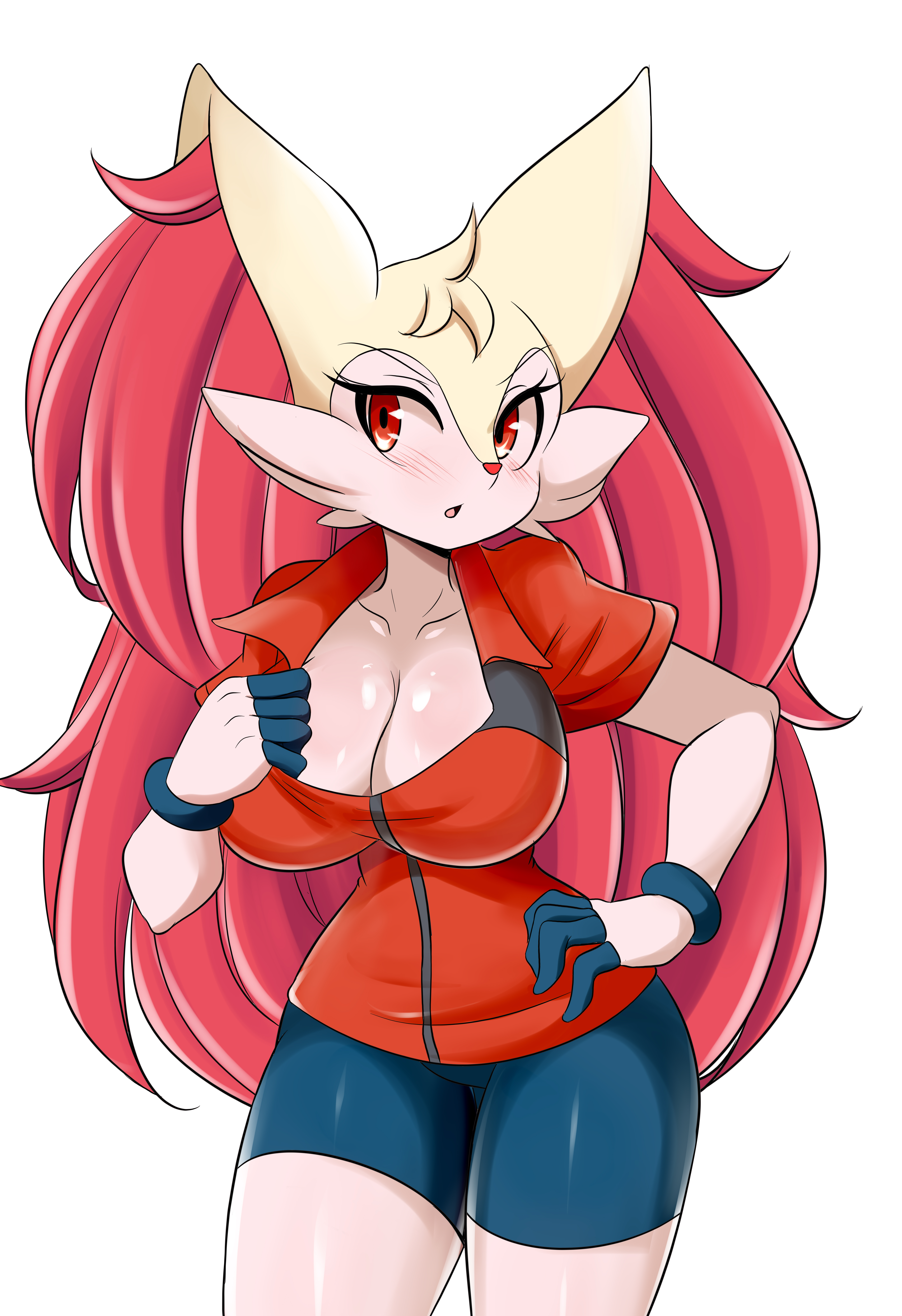 lucyfer, braixen, may (pokemon), creatures (company), game freak, nintendo,  pokemon, pokemon (game), pokemon rse, absurdres, highres, 1girl, animal ear  fluff, animal ears, bike shorts, blush, body fur, breasts, cleavage, cosplay,  embarrassed, furry,