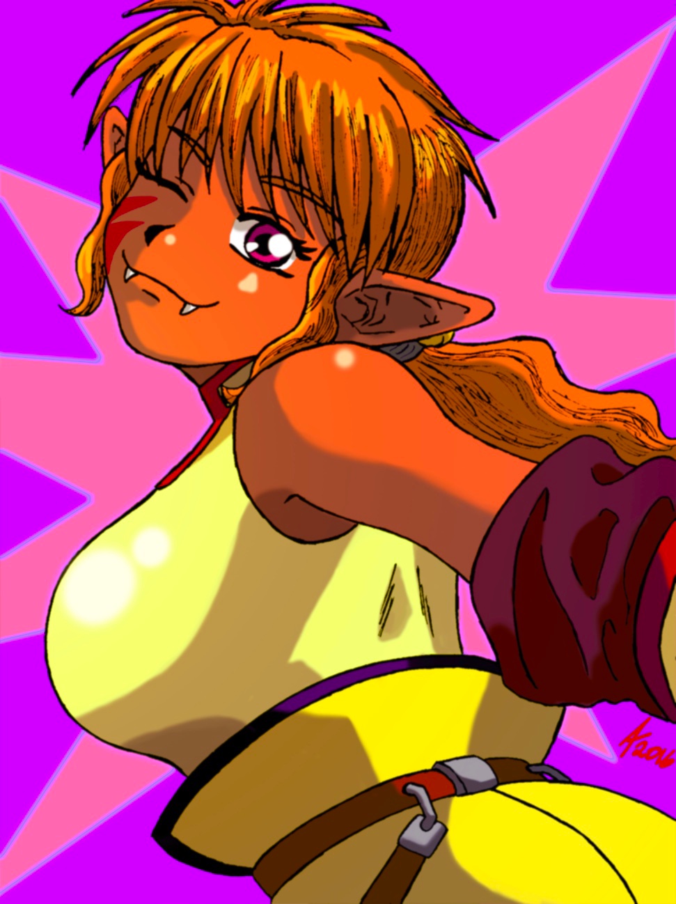 1girl aaronhibiki alternate_color breasts dark-skinned_female dark_skin facial_mark fangs highres large_breasts lirin one_eye_closed orange_hair pointy_ears ponytail purple_eyes saiyuki shirt solo tight_clothes tight_shirt wink xxxhibiki