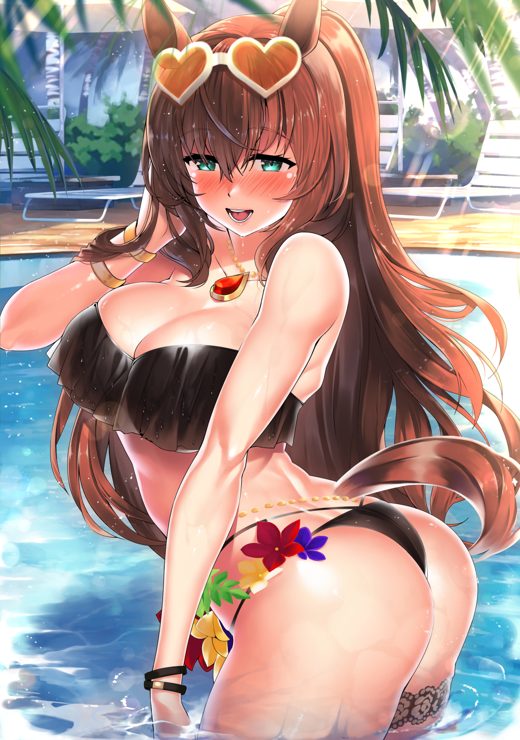 1girl animal_ears aqua_eyes ass bikini black_bikini blush bracelet breasts brooch brown_hair cleavage eyewear_on_head heart heart-shaped_eyewear highres horse_ears horse_girl horse_tail jewelry kawai_(purplrpouni) large_breasts long_hair looking_at_viewer maruzensky_(blasting_off_summer_night)_(umamusume) maruzensky_(umamusume) official_alternate_costume open_mouth pool smile solo sunglasses sunglasses_on_head swimsuit tail thigh_strap umamusume wading_pool wavy_hair