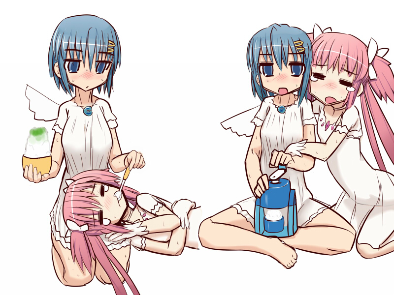 10s 2girls =_= alternate_costume alternate_hairstyle blue_eyes blue_hair bow choker dress feeding food gloves hair_bow hair_ornament hairclip kaname_madoka lap_pillow long_hair mahou_shoujo_madoka_magica mahou_shoujo_madoka_magica_(anime) miki_sayaka multiple_girls pajamas pink_hair sabotenten shaved_ice short_hair single_wing soul_gem spoilers spoon sweat tears ultimate_madoka wings