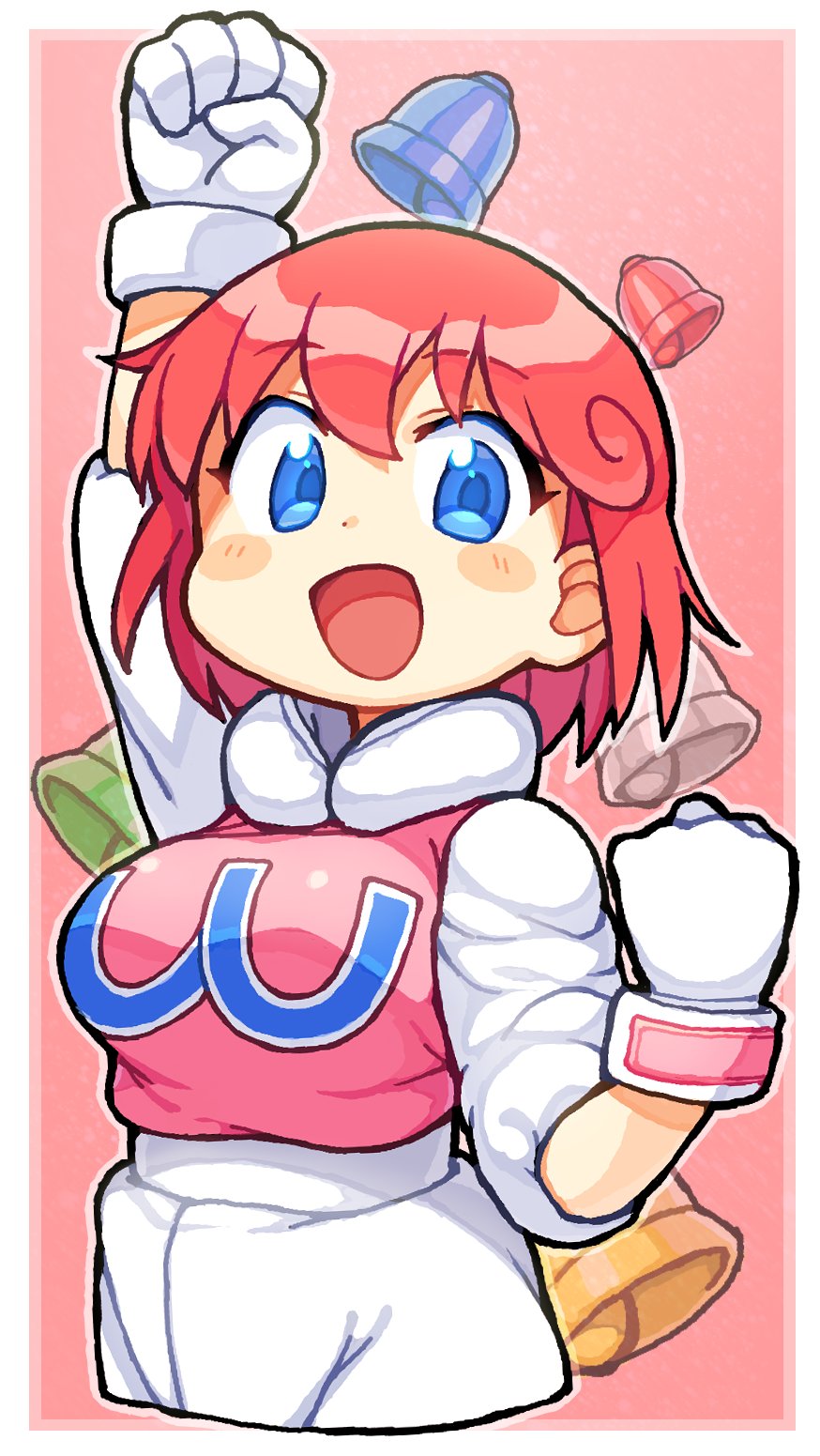 1girl :d arm_up bachera bell blue_eyes blush breasts clenched_hands commentary_request gloves highres konami looking_at_viewer open_mouth pants pastel_(twinbee) pink_background pink_hair short_hair smile twinbee white_gloves white_pants