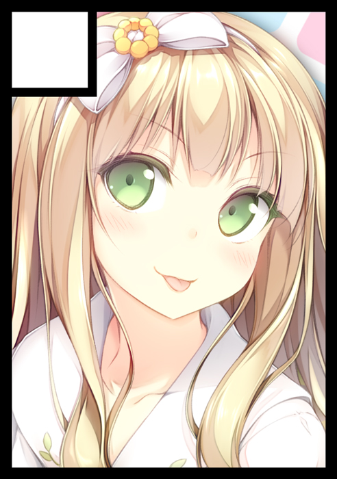 10s 1girl :p azuki_azusa black_border blonde_hair blush border bow circle_cut female_focus green_eyes hair_bow hentai_ouji_to_warawanai_neko. luna_lia portrait school_uniform smile solo tongue tongue_out