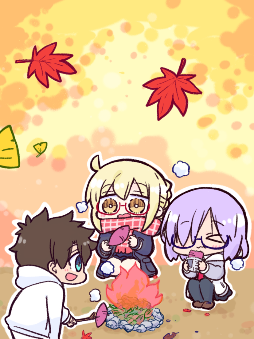 &gt;_&lt; 1boy 2girls :d artoria_pendragon_(fate) autumn_leaves black_dress black_jacket black_pantyhose blonde_hair blue-framed_eyewear blue_eyes brown_eyes brown_footwear brown_hair campfire chibi closed_eyes closed_mouth commentary_request dress fate/grand_order fate_(series) fire food fringe_trim fujimaru_ritsuka_(male) ginkgo_leaf glasses hair_over_one_eye holding holding_stick hood hood_down hooded_jacket hoodie jacket kasuga_yuuki leaf long_sleeves maple_leaf mash_kyrielight multiple_girls mysterious_heroine_x_alter_(fate) open_clothes open_jacket open_mouth outline pantyhose profile purple_hair red_scarf roasted_sweet_potato scarf semi-rimless_eyewear sleeves_past_wrists smile squatting stick sweet_potato under-rim_eyewear wavy_mouth white_hoodie white_jacket white_outline