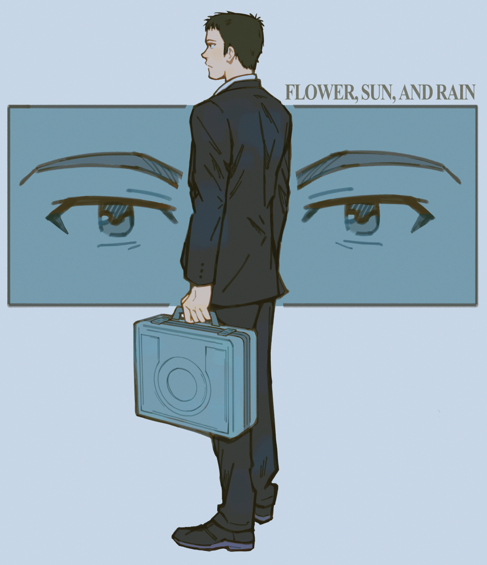 1boy black_footwear black_hair black_pants black_suit briefcase english_text formal hana_to_taiyou_to_ame_to heartgrooooove holding holding_briefcase long_sleeves looking_ahead looking_at_viewer mondo_sumio pants short_hair simple_background solo suit