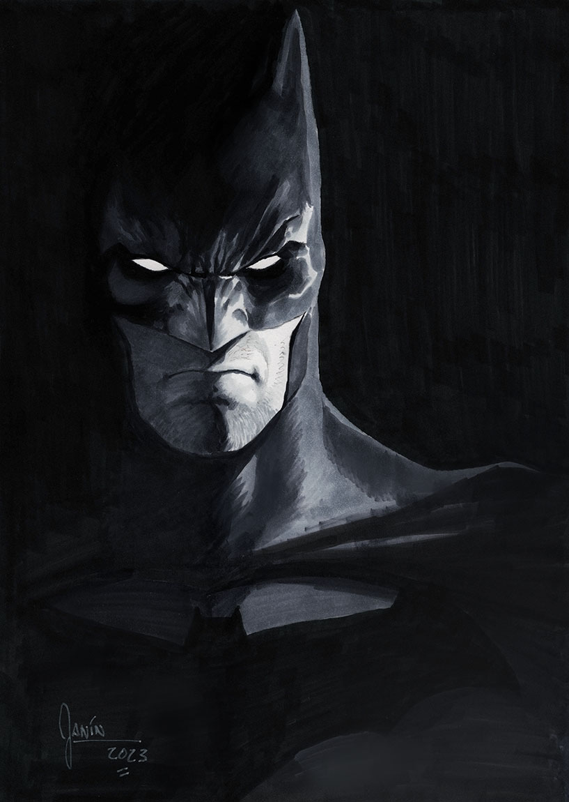 1boy angry batman batman_(series) batman_symbol black_cape black_mask bodysuit cape closed_mouth commentary commission cowl dark_background dc_comics english_commentary frown grey_bodysuit looking_at_viewer male_focus marker_(medium) mikel_janin signature simple_background solo superhero_costume traditional_media upper_body western_comics_(style) white_eyes