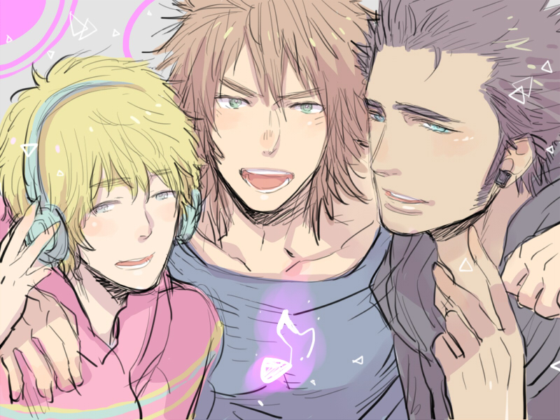 3boys black_hair blonde_hair blush brown_hair group_hug headphones hug kijima_hyogo kyo_(vocaloid) male_focus multiple_boys note smile triangle vocaloid wil_(vocaloid) yuu_(vocaloid) zola_project