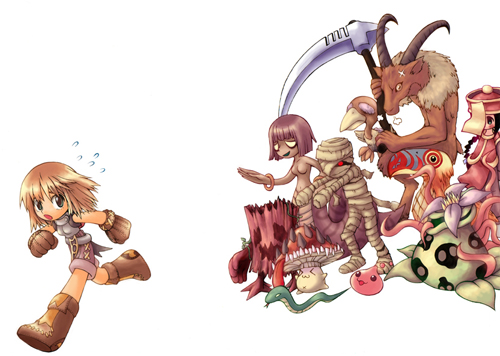 2000s_(style) 2boys 3girls :3 axe bad_id bandages bangle baphomet baphomet_(ragnarok_online) belt bird black_eyes blonde_hair boa_(ragnarok_online) bracelet brown_belt brown_dress brown_footwear brown_gloves brown_hair brown_shorts chibi chibi_only closed_mouth commentary_request condor_(ragnarok_online) dress elder_willow_(ragnarok_online) fleeing full_body gloves grey_shirt hair_between_eyes holding holding_scythe isis_(ragnarok_online) jacket jewelry jiangshi korean_commentary lamia long_hair looking_at_viewer looking_to_the_side lowres mandragora_(ragnarok_online) medium_hair monster_girl monster_gogo multiple_boys multiple_girls mummy mummy_(ragnarok_online) munak mushroom novice_(ragnarok_online) official_art open_mouth outstretched_arms pants peco_peco pelvic_curtain poring purple_hair ragnarok_online running scythe shirt short_hair short_sleeves shorts simple_background slime_(creature) smile snake spore_(ragnarok_online) staff tree underwear weapon white_background zombie_pose