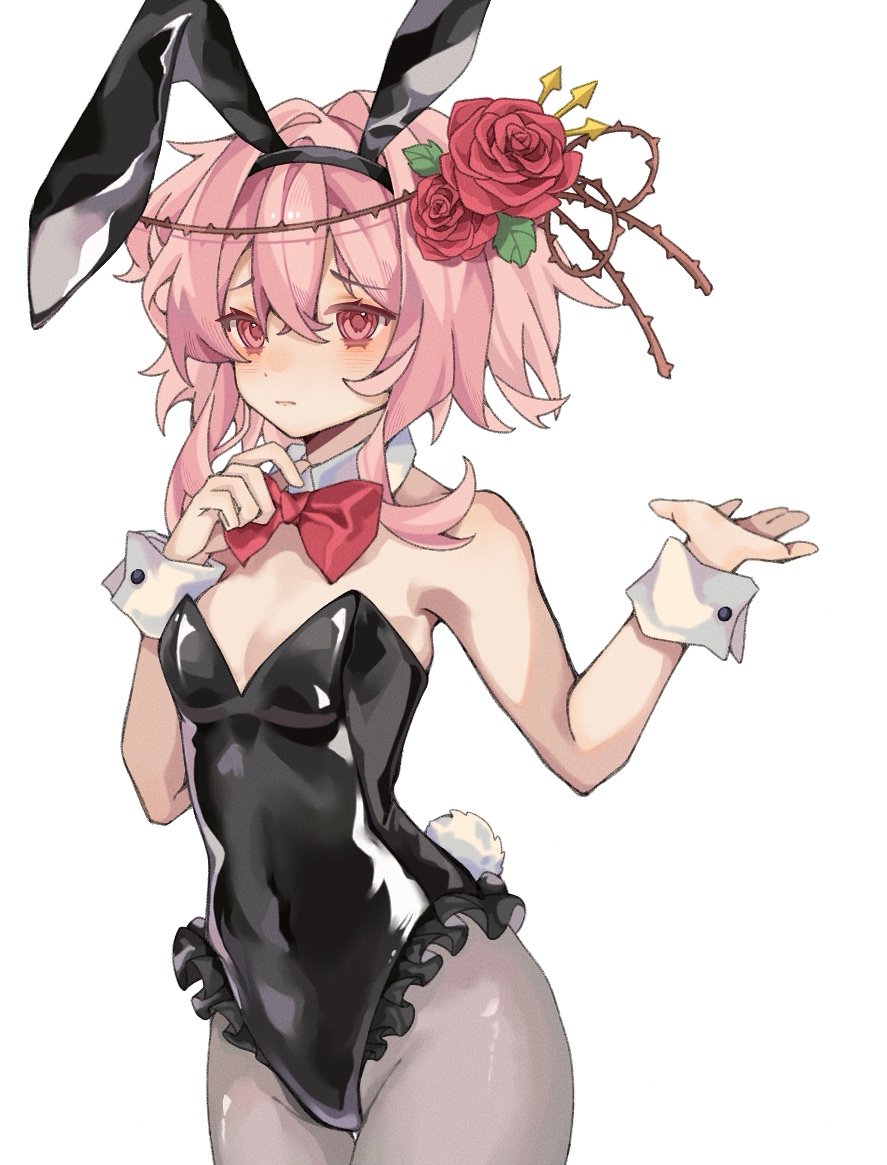 animal_ears blush bow bowtie breasts cleavage covered_navel cowboy_shot detached_collar fake_animal_ears fake_tail flower hair_flower hair_ornament hair_vines kawaue7 leotard medium_hair nijisanji nijisanji_en nose_blush pink_eyes playboy_bunny rabbit_ears rabbit_tail red_bow red_bowtie red_flower red_rose rose rosemi_lovelock small_breasts tail thorns virtual_youtuber wrist_cuffs