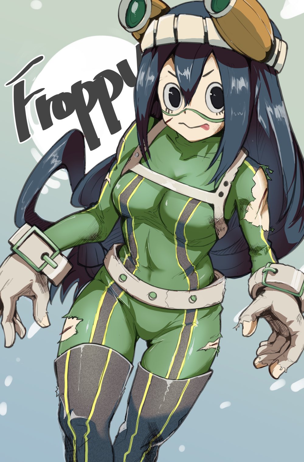 1girl asui_tsuyu black_eyes black_hair bodysuit boku_no_hero_academia commission frog_girl green_bodysuit hair_between_eyes hair_rings highres kuromarium long_hair looking_at_viewer low-tied_long_hair skeb_commission solo superhero_costume tongue tongue_out