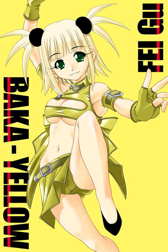 00s 1girl armband belt black_footwear blonde_hair bow breasts cleavage crop_top female_focus fighting_stance fingerless_gloves gloves green_eyes hair_bobbles hair_ornament high_heels k.m.station kufei large_bow leg_lift mahora_baka_rangers mahou_sensei_negima! miniskirt navel panties pantyshot shoes short_hair short_twintails skirt solo tokusatsu twintails two_side_up underboob underwear yellow_background yellow_gloves yellow_panties