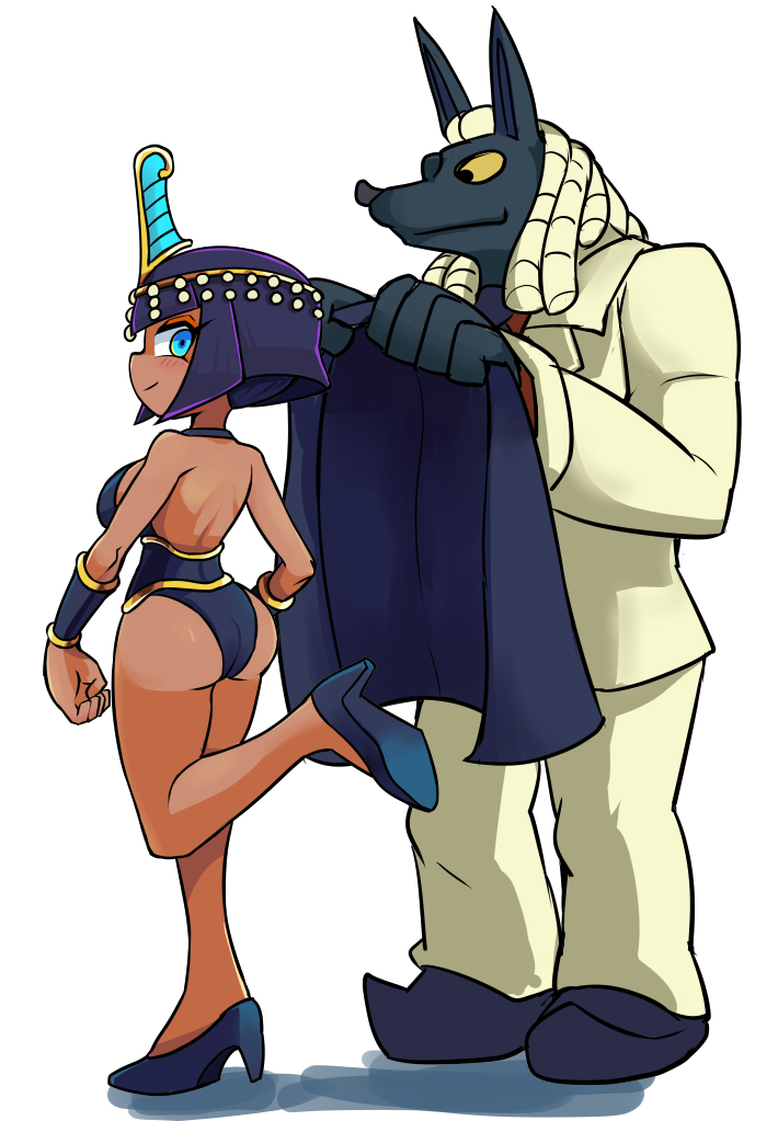 1boy 1girl albus_(skullgirls) ass black_hair blue_eyes bob_cut dark-skinned_female dark_skin dreadlocks eliza_(skullgirls) formal_clothes from_behind high_heels imeni-art looking_back short_hair skullgirls smile suit tiara white_background white_hair wrist_guards