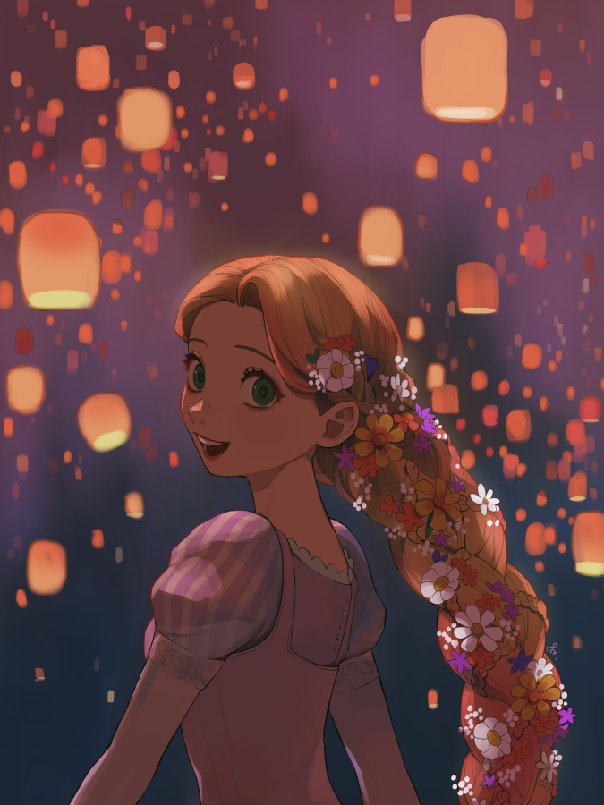 1girl arms_at_sides backlighting blonde_hair blue_flower braid darkness dress eyelashes flower freckles green_eyes hair_flower hair_ornament juliet_sleeves lace lantern leaf lips long_hair long_sleeves looking_at_viewer looking_back nape night night_sky open_mouth orange_flower outdoors pano_(mohayayamai) paper_lantern pink_flower puffy_sleeves purple_dress purple_flower rapunzel_(disney) sky smile solo striped striped_sleeves tangled teeth upper_body very_long_hair white_flower yellow_flower